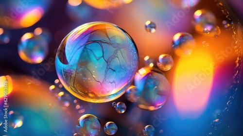 Macro shot of soap bubbles revealing beautiful iridescent colors. Generative AI