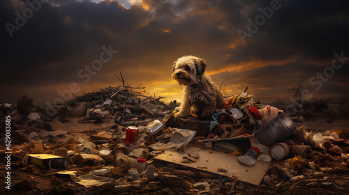 Dirty fluffy stray dog in a garbage dump. Enviromental issue about rubbish and waste pollution in the city. Digital illustration generative AI.