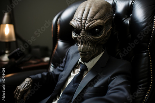 An alien or extraterrestrial who is a politician or president, wearing a blue suit with a white shirt and tie, sitting on a sofa in their office