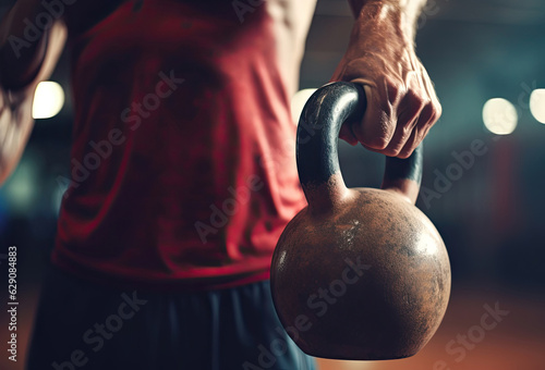 Close-up of a man holding kettlebell