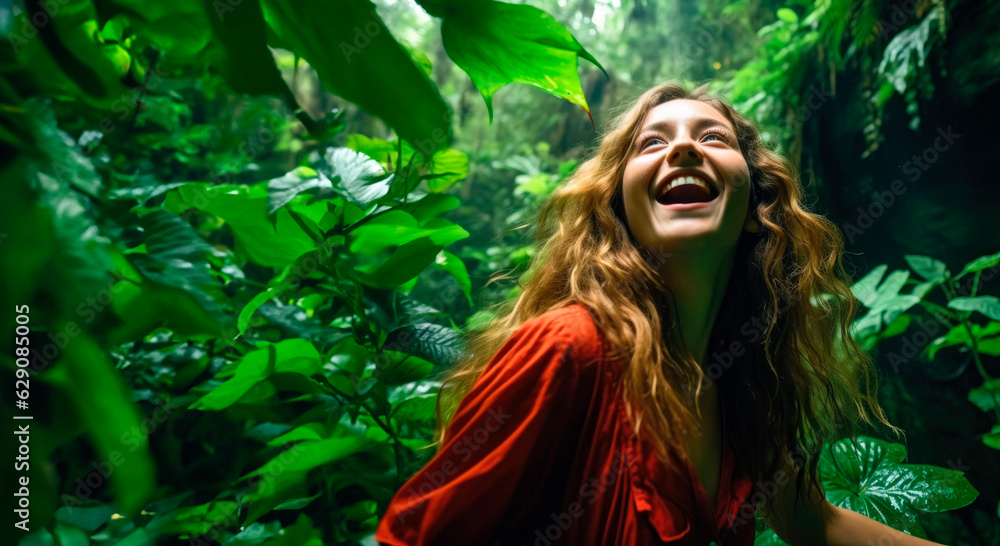 Laughter in the Jungle: A Vibrant Young Girl from Costa Rica with Infectious Joy in the Midst of the Fantastic Wilderness and Towering Trees.
