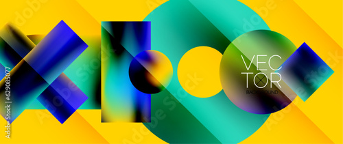 Squares and circles design. Fluid color gradients with metallic effects. Serene synergy of shapes, merging squares and circles into harmonious, captivating design