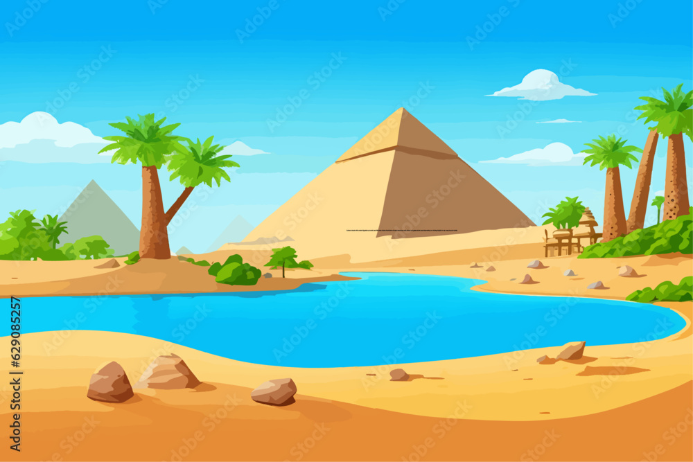 Cartoon desert with ancient Egyptian pyramids and Nile river. Vector illustration of sandy landscape with stones and green plants near blue water, sun shining brightly in sky over pharaoh tombs