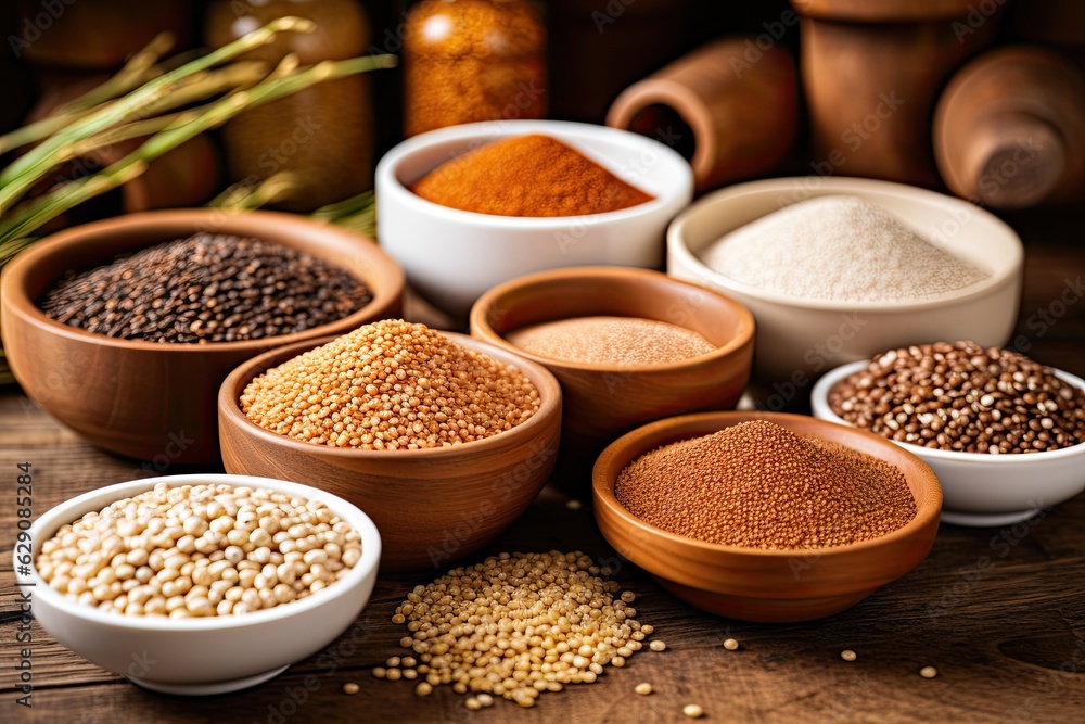 Close-up of whole grains on a rustic wooden table. Generatvie AI Close-up of whole grains on a rustic wooden table. Generatvie AI