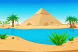 Cartoon desert with ancient Egyptian pyramids and Nile river. Vector illustration of sandy landscape with stones and green plants near blue water, sun shining brightly in sky over pharaoh tombs