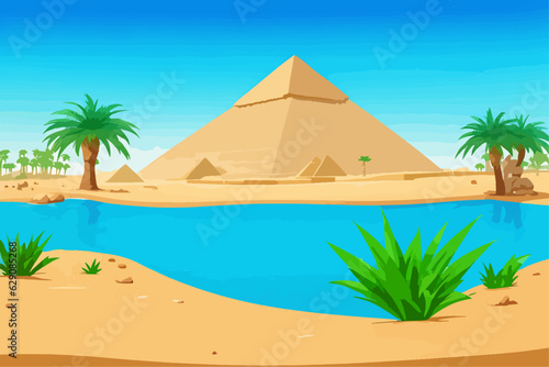 Cartoon desert with ancient Egyptian pyramids and Nile river. Vector illustration of sandy landscape with stones and green plants near blue water, sun shining brightly in sky over pharaoh tombs