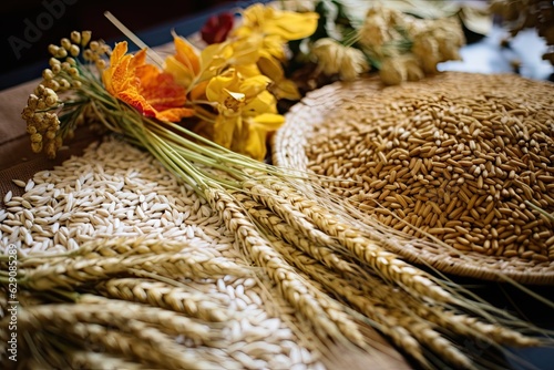 Close-up of whole grains on a rustic wooden table. Generatvie AI