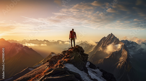 Peaks Embrace. A trekker Standing Atop Majestic Alps, Appreciating the Mesmerizing Sunrise Beauty. A Journey of Challenge, Triumph, and Passion for Nature and Mountains.