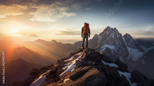 Peaks Embrace. A trekker Standing Atop Majestic Alps  Appreciating the Mesmerizing Sunrise Beauty. A Journey of Challenge  Triumph  and Passion for Nature and Mountains.