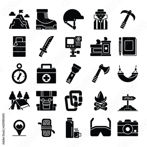 mountaineering and climbing icon set. solid icon