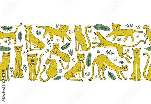 Cute yellow leopards family, seamless pattern background