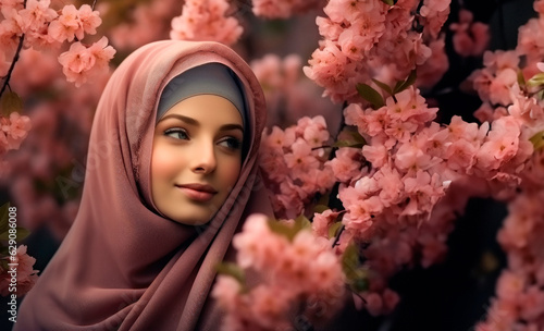 Gorgeous Muslim Woman: Amazing Portrait in Hijab surrounded by flowers - AI Generative