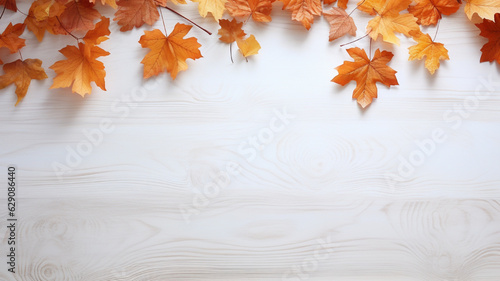 Top View  White Table with Autumn Leaves