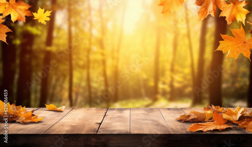 Rustic Wooden Table with Fall Leaves on Top in Autumn Woods Background - AI Generative
