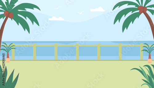 Ilustración vectorial de playa tropical, muelle con palmeras frente al mar. Paisaje veraniego. 