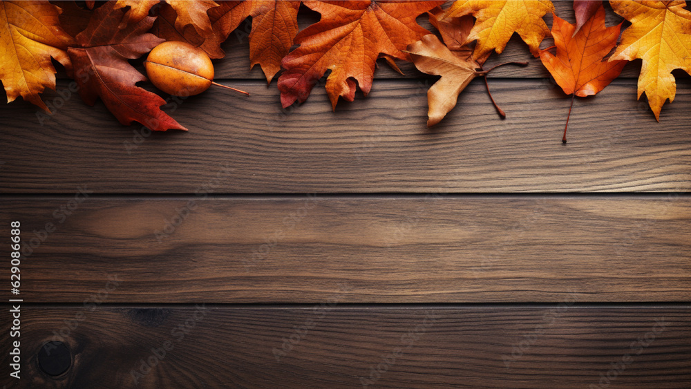 Obraz premium Top View Wooden Table with Autumn Leaves