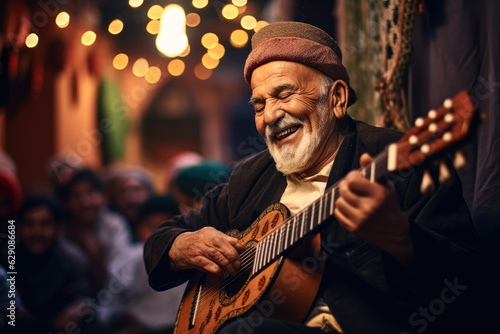 Melodies of Tradition. Elderly Moroccan Playing Oud Outdoors in Festive Street Celebration. AI Generative.
