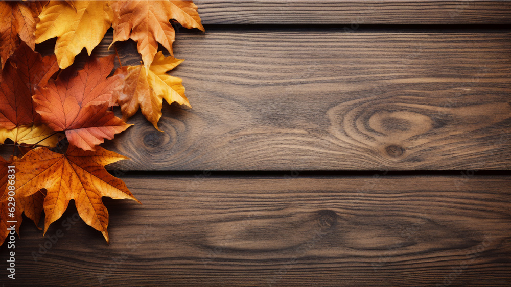Top View Wooden Table with Autumn Leaves Top View Wooden Table with Autumn Leaves