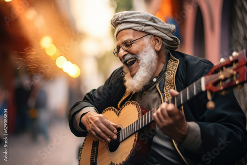 Melodies of Tradition. Elderly Moroccan Playing Oud Outdoors in Festive Street Celebration. AI Generative. 