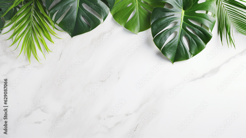 Top View White Table with Green Monstera Leaves Top View White Table with Green Monstera Leaves