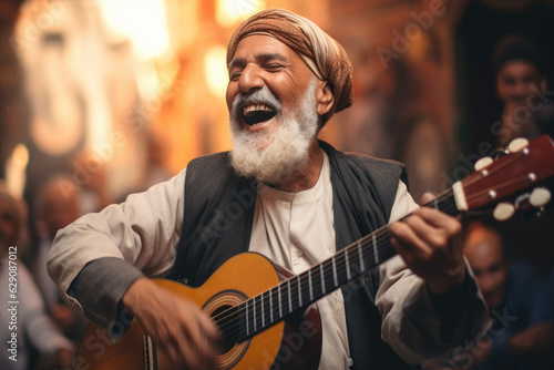 Melodies of Tradition. Elderly Moroccan Playing Oud Outdoors in Festive Street Celebration. AI Generative. 