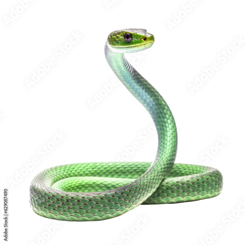 A green and white snake on a white background. isolated on white. Transparent PNG. Generative AI