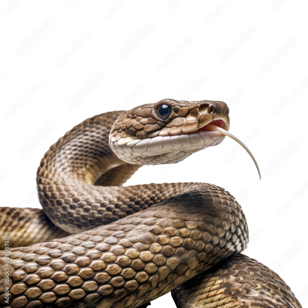 Fototapeta premium A large brown snake with its mouth open. isolated on white. Transparent PNG. Generative AI