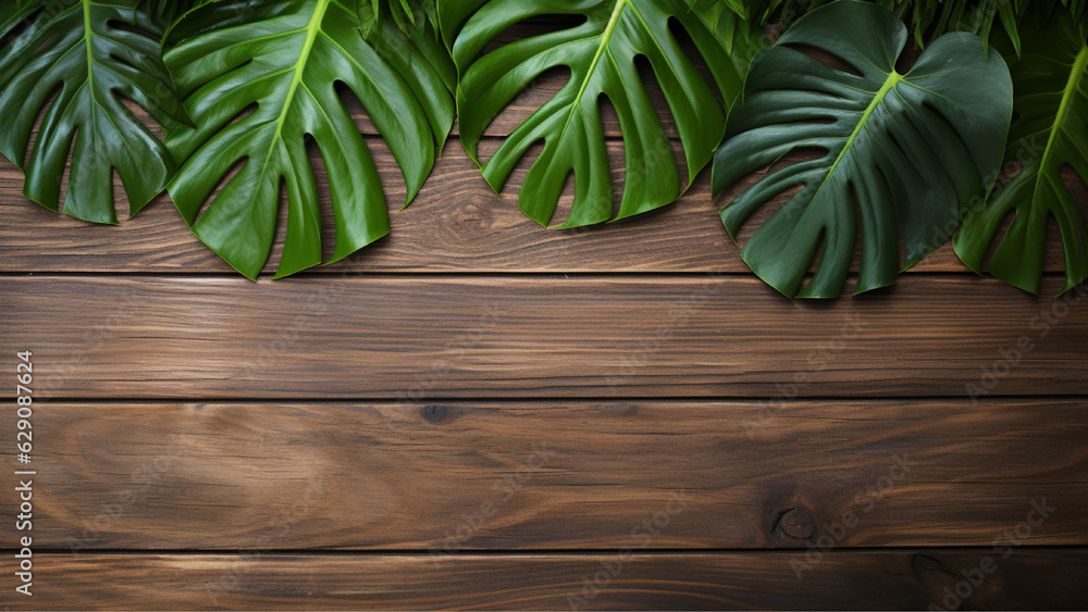 Top View Wooden Table with Green Monstera Leaves Top View Wooden Table with Green Monstera Leaves