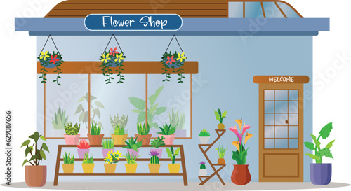 ornamental plants, flower pot, home plant, flowers, small business, flower shop, home for plant and flower, plant store, florist shop or store building vector illustration