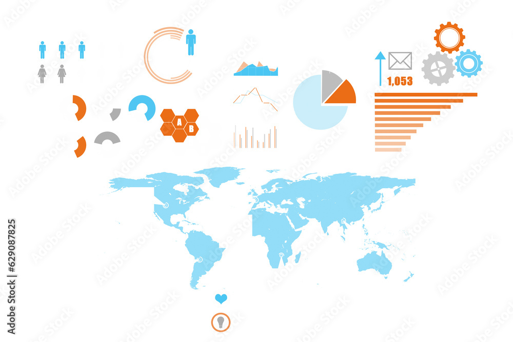 Naklejka premium Digital png illustration of world map with graphs on transparent background