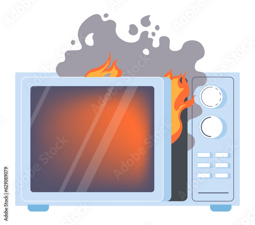 Burning broken microwave oven, fire and flames