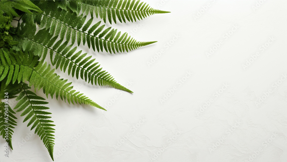 Top View White Table Workspace with Green Fern Leaves