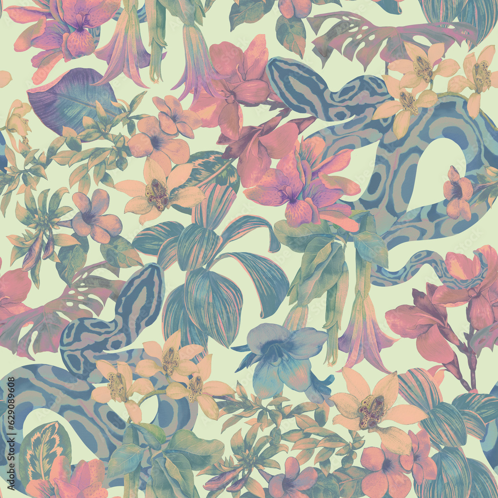 Bright tropical seamless print with orchids and snakes. Surface pattern with tropical flowers and leaves painted watercolors Bright tropical seamless print with orchids and snakes. Surface pattern with tropical flowers and leaves painted watercolors