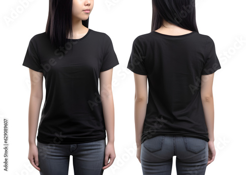 Young woman in black T shirt mockup front and back view, Cutout.