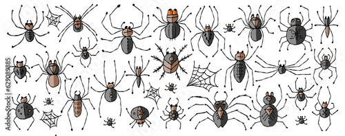 Collection of different spiders. Horizontal frame. Hand drawn style. © Kudryashka
