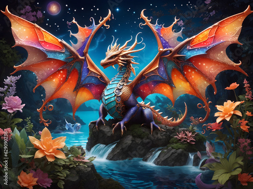 One vividly colored winged dragon