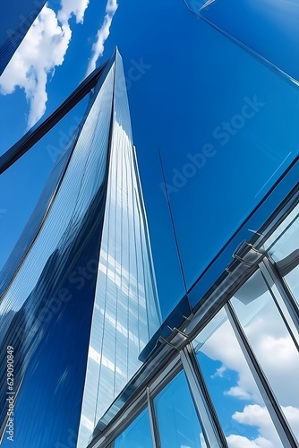 Reflective skyscrapers, business office buildings. Low angle photography of glass curtain wall details of high-rise buildings. The window glass reflects the blue sky and white clouds. Generative AI
