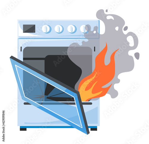 Broken oven or stove on fire, damaged malfunction