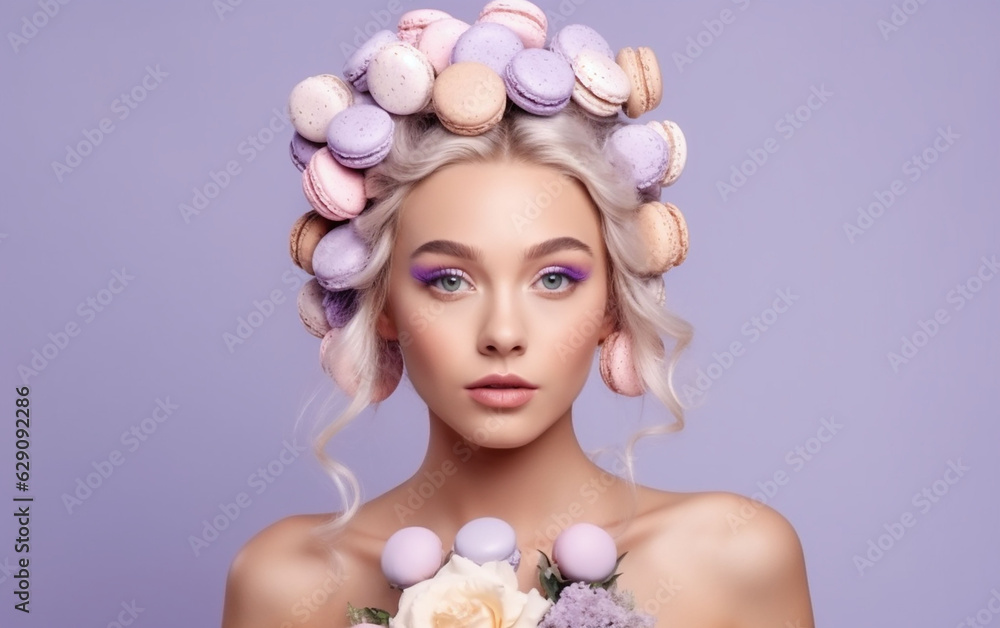 Surreal beauty portrait with cascading pastel waves and a crown of sweet macarons against a violet backdrop Surreal beauty portrait with cascading pastel waves and a crown of sweet macarons against a violet backdrop