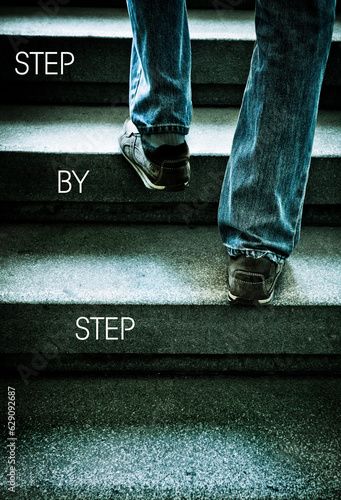 man going upstairs, tep by step concept photo