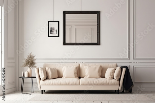 A bright and airy living room features a comfortable white couch and natural light streaming through the window for a peaceful and relaxing space. AI Generative.