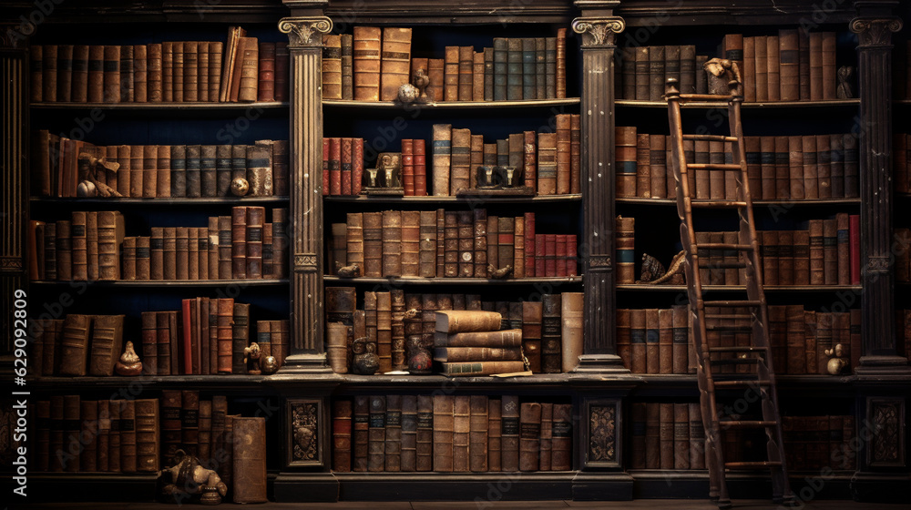A Wall Full of Old Ancient and Antique Books in a Library, Historical Books, Manuscripts, and Scrolls, Generative AI A Wall Full of Old Ancient and Antique Books in a Library, Historical Books, Manuscripts, and Scrolls, Generative AI