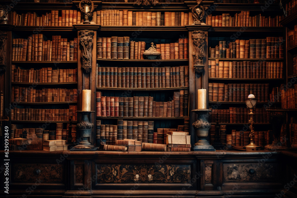 A Wall Full of Old Ancient and Antique Books in a Library, Historical Books, Manuscripts, and Scrolls, Generative AI A Wall Full of Old Ancient and Antique Books in a Library, Historical Books, Manuscripts, and Scrolls, Generative AI