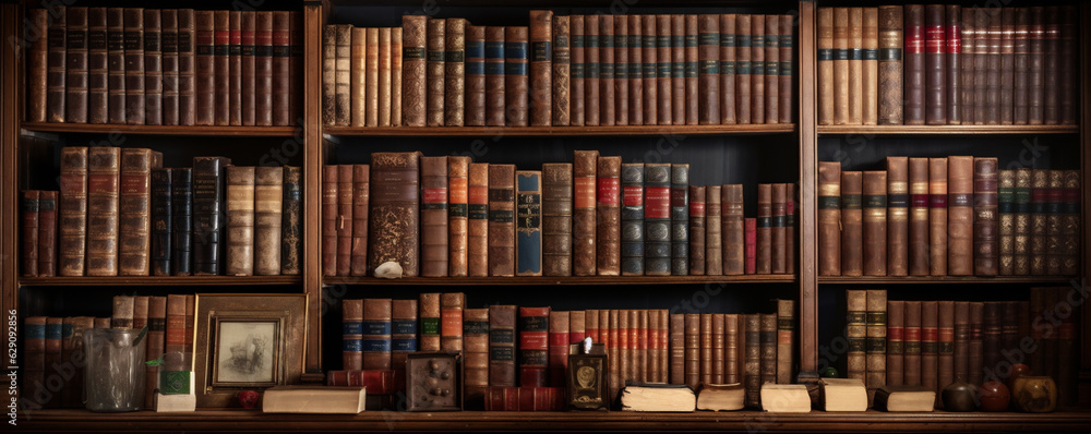 A Wall Full of Old Ancient and Antique Books in a Library, Historical Books, Manuscripts, and Scrolls, Generative AI A Wall Full of Old Ancient and Antique Books in a Library, Historical Books, Manuscripts, and Scrolls, Generative AI