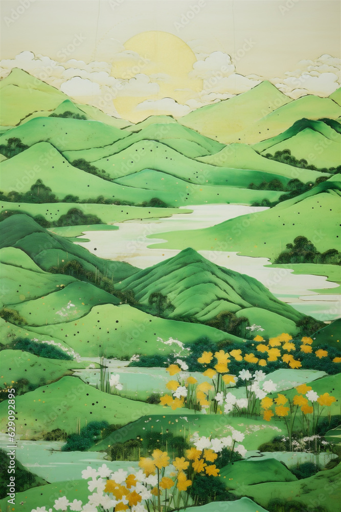 Spring Hills Painting, Spring Season, Fresh Green Hills, Abstract Vintage Japanese Lacquer Painting, Generative AI Spring Hills Painting, Spring Season, Fresh Green Hills, Abstract Vintage Japanese Lacquer Painting, Generative AI