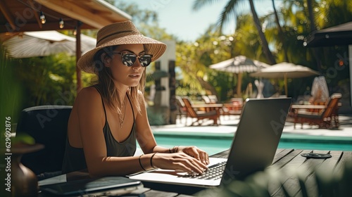 Woman working remotely in a hotel with a pool