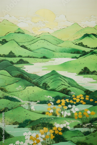 Spring Hills Painting, Spring Season, Fresh Green Hills, Abstract Vintage Japanese Lacquer Painting, Generative AI