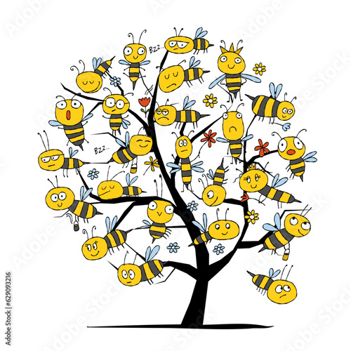 Art tree with Funny Bees family. Beehive concept for your design