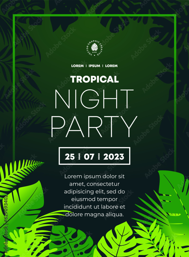 Party Flyer with Green Tropical Leaves themed Background