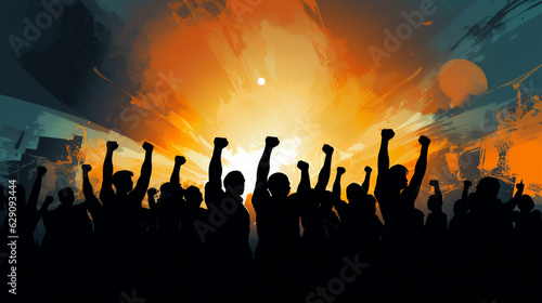 Silhouetted Men and Women Holding Fists in the Air, Representing Solidarity, Painting, Generative AI © HRTNT Media